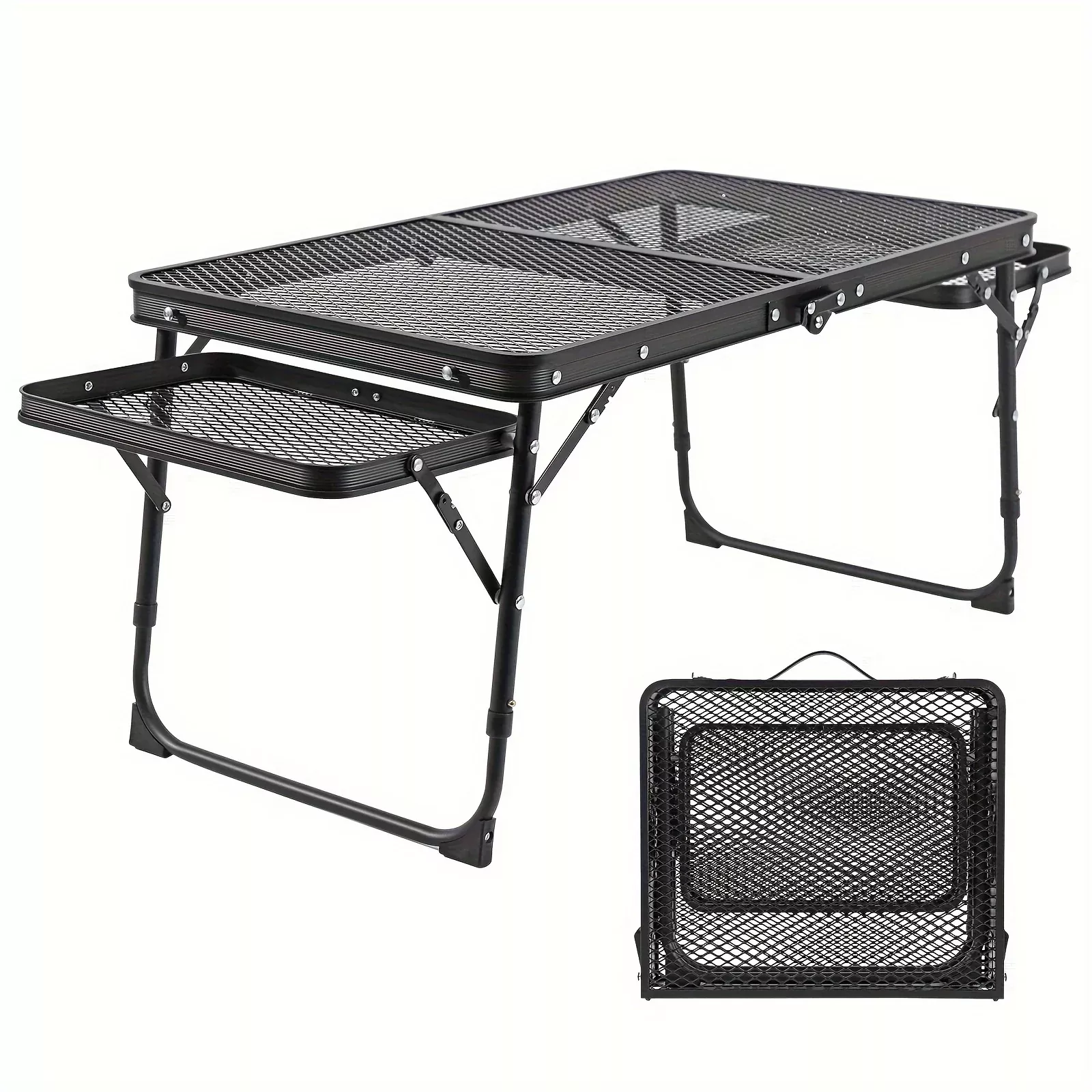 [Adjustable Height] Portable Folding Camping Table with 2 Wing Panels & Mesh Desktop, Height Adjustable Outdoor Grill Table for Picnic, BBQ, Beach, and Camping – Durable Metal Construction, Expandable Design, Easy Setup, Camping Accessories