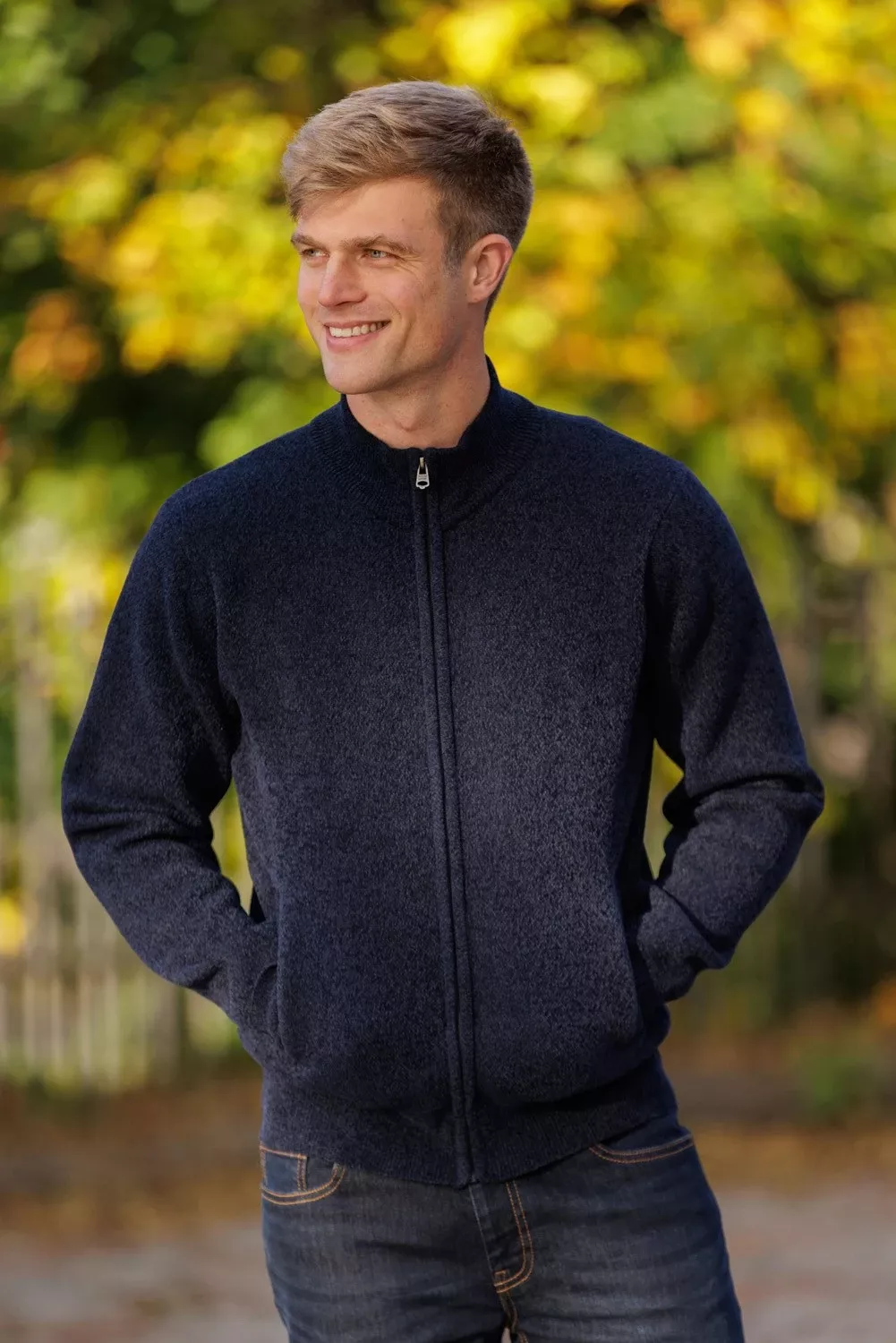 Zip Mens Cardigan with Checked Faux Fur Lining
