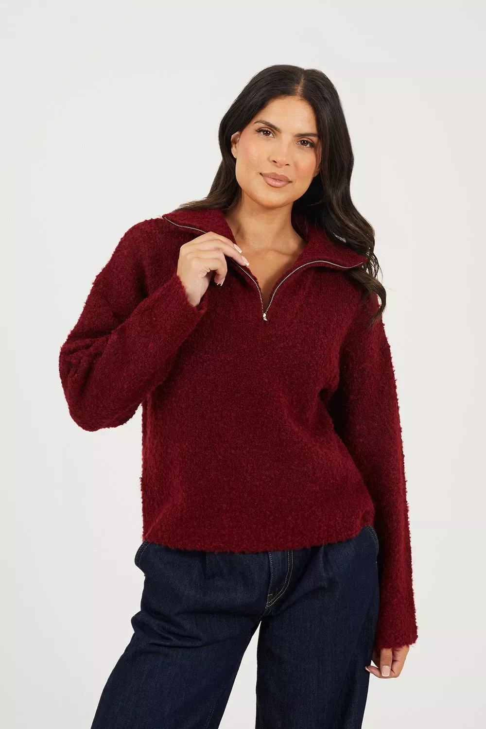 Zip Neck Womens Boucle Yarn Jumper