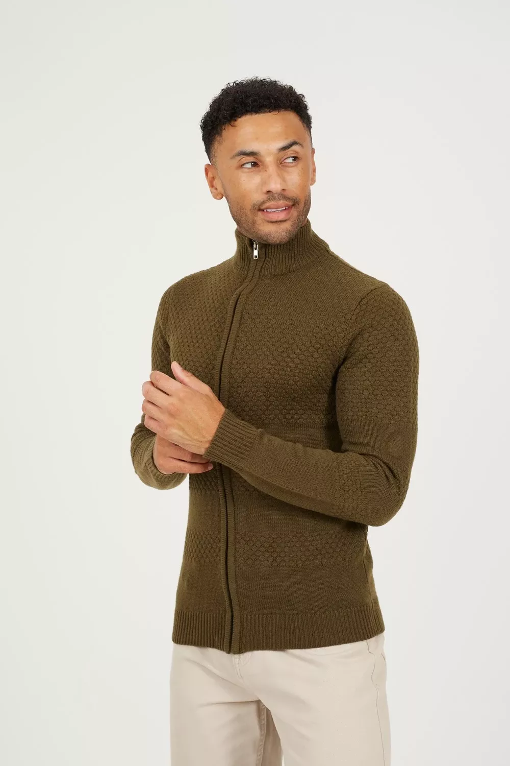 Zip Through Mens Funnel Neck Knit Cardigan